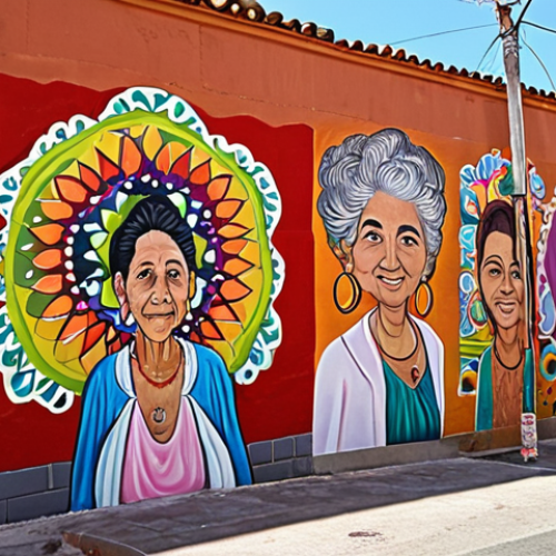 **

A vibrant community mural painting scene. Diverse people of all ages – *abuelas* (grandmothers) to young adults – collaborate on a large, colorful graffiti-style mural. Include traditional elements mixed with modern, recycled art materials. The atmosphere is joyful and collaborative, reflecting *cohesión social*. The setting: a revitalized, previously neglected neighborhood area in a Spanish city. Focus on conveying *empoderamiento* and artistic expression.

**