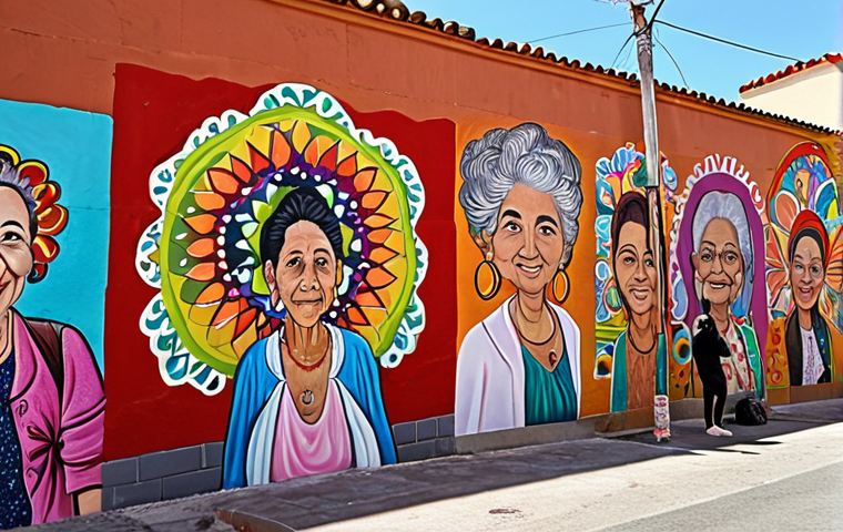 **

A vibrant community mural painting scene. Diverse people of all ages – *abuelas* (grandmothers) to young adults – collaborate on a large, colorful graffiti-style mural. Include traditional elements mixed with modern, recycled art materials. The atmosphere is joyful and collaborative, reflecting *cohesión social*. The setting: a revitalized, previously neglected neighborhood area in a Spanish city. Focus on conveying *empoderamiento* and artistic expression.

**