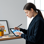 A professional female artist, fully clothed in modern, modest attire, deeply focused on her digital tablet while conceptualizing generative art. She is surrounded by a sleek, minimalist studio space featuring natural light and subtle hints of traditional art supplies alongside high-tech equipment, embodying the fusion of traditional and digital creation. The atmosphere is innovative and inspiring. Perfect anatomy, correct proportions, natural pose, well-formed hands, proper finger count, natural body proportions, professional photography, high quality, safe for work, appropriate content, family-friendly.