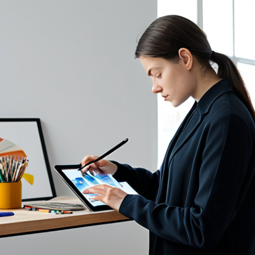 A professional female artist, fully clothed in modern, modest attire, deeply focused on her digital tablet while conceptualizing generative art. She is surrounded by a sleek, minimalist studio space featuring natural light and subtle hints of traditional art supplies alongside high-tech equipment, embodying the fusion of traditional and digital creation. The atmosphere is innovative and inspiring. Perfect anatomy, correct proportions, natural pose, well-formed hands, proper finger count, natural body proportions, professional photography, high quality, safe for work, appropriate content, family-friendly.