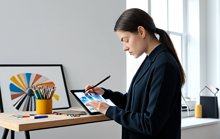 A professional female artist, fully clothed in modern, modest attire, deeply focused on her digital tablet while conceptualizing generative art. She is surrounded by a sleek, minimalist studio space featuring natural light and subtle hints of traditional art supplies alongside high-tech equipment, embodying the fusion of traditional and digital creation. The atmosphere is innovative and inspiring. Perfect anatomy, correct proportions, natural pose, well-formed hands, proper finger count, natural body proportions, professional photography, high quality, safe for work, appropriate content, family-friendly.