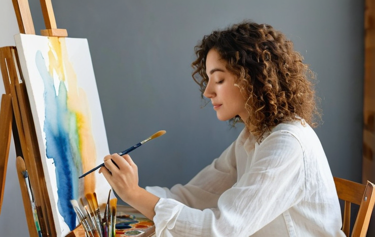 정신건강과 예술의 관계 탐구 - **"Serene Abstract Expression"**: A woman in her late 20s, with short, curly brown hair, sits comfor...
