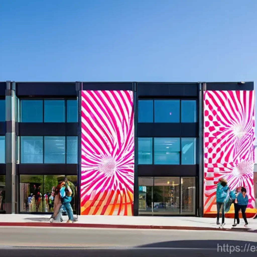 디지털 미디어를 활용한 공동체 예술 프로젝트 - **Prompt:** A vibrant, large-scale interactive digital mural projected onto the side of a modern bui...