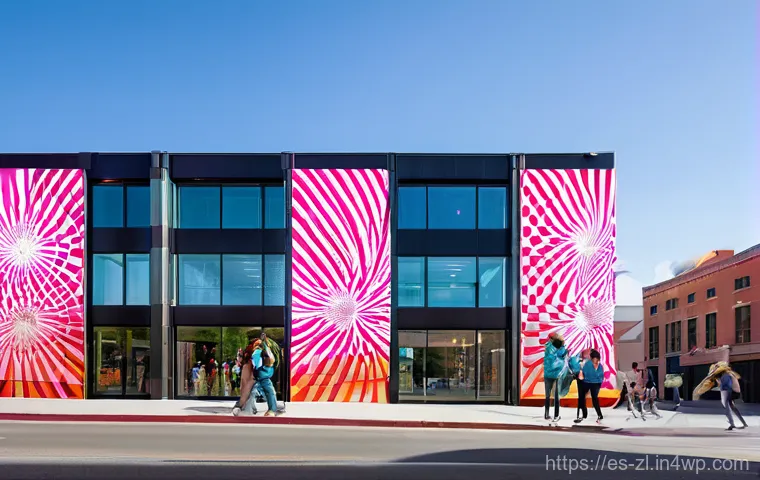 디지털 미디어를 활용한 공동체 예술 프로젝트 - **Prompt:** A vibrant, large-scale interactive digital mural projected onto the side of a modern bui...