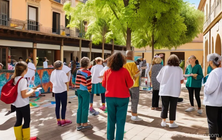 예술가와 커뮤니티 간의 갈등 관리 전략 - Building Bridges Through Dialogue**
"A vibrant outdoor community gathering in a picturesque plaza in...
