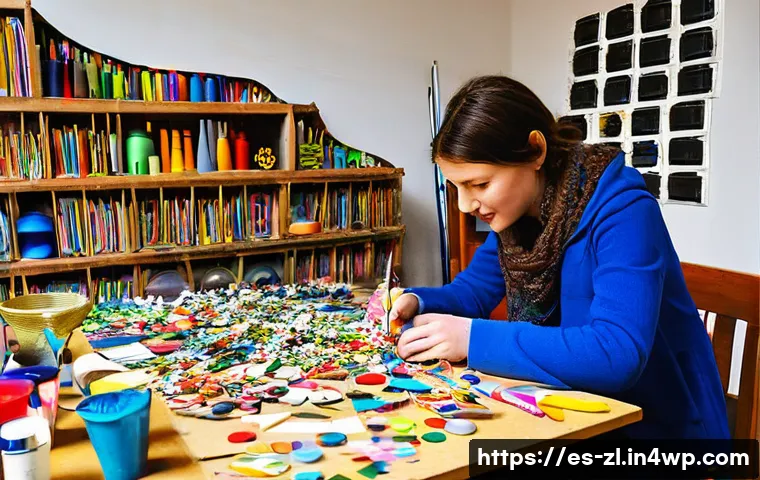 한정된 자원을 활용한 창의적인 예술 프로젝트 - **Prompt 1: Home Upcycling Workshop Scene**
"A cozy and well-lit home art studio, filled with na...