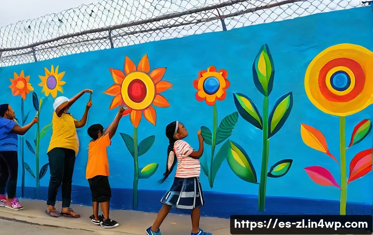 아트 테라피와 공동체의 연결 고리 - **Community Mural of Hope and Unity**
A vibrant, sun-drenched outdoor scene in a lively, colorfu...