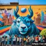 사람과 사람을 연결하는 예술의 힘 - A vibrant urban mural scene in Buenos Aires, featuring diverse young artists painting colorful stree...