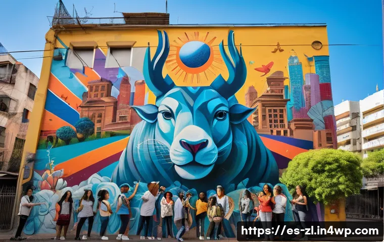 사람과 사람을 연결하는 예술의 힘 - A vibrant urban mural scene in Buenos Aires, featuring diverse young artists painting colorful stree...