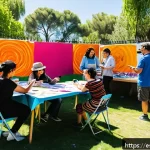 소셜 미디어를 활용한 공동체 예술 프로젝트 홍보 - A vibrant community art workshop scene in a sunny urban park in Madrid, featuring diverse local arti...