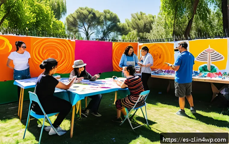 소셜 미디어를 활용한 공동체 예술 프로젝트 홍보 - A vibrant community art workshop scene in a sunny urban park in Madrid, featuring diverse local arti...