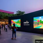 예술과 기술의 융합으로 탄생한 공동체 프로젝트 - A vibrant urban plaza in Medell&iacute;n at dusk, featuring large interactive digital screens with colorful...
