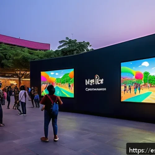 예술과 기술의 융합으로 탄생한 공동체 프로젝트 - A vibrant urban plaza in Medell&iacute;n at dusk, featuring large interactive digital screens with colorful...