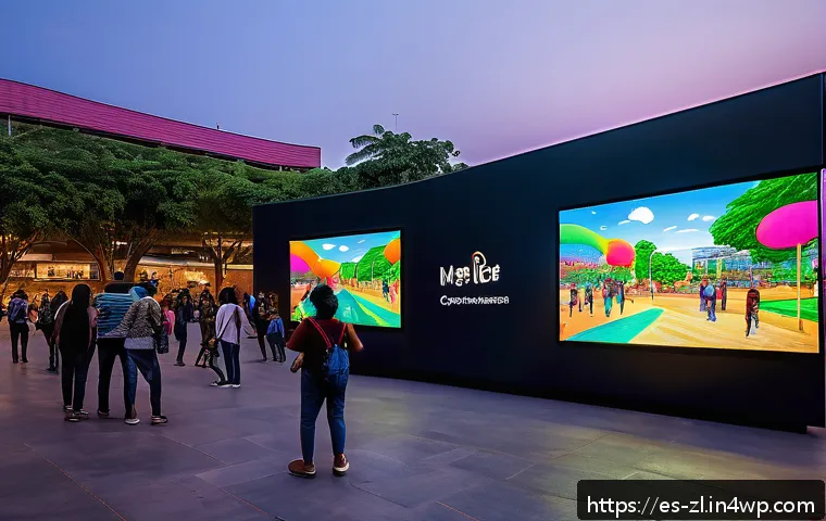 예술과 기술의 융합으로 탄생한 공동체 프로젝트 - A vibrant urban plaza in Medellín at dusk, featuring large interactive digital screens with colorful...