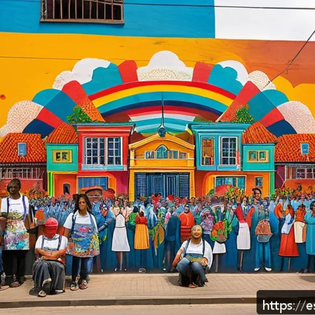지역 문화유산을 반영한 공동체 예술 프로젝트 - A vibrant urban mural in Medellín, Colombia, showcasing diverse community members collaborating on a...