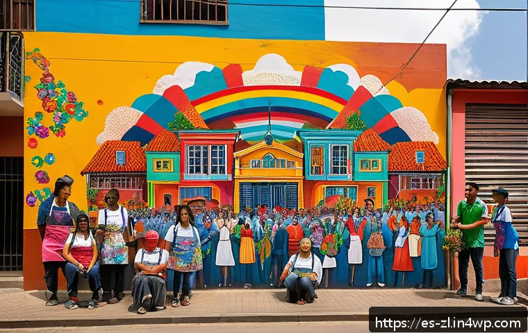지역 문화유산을 반영한 공동체 예술 프로젝트 - A vibrant urban mural in Medell&iacute;n, Colombia, showcasing diverse community members collaborating on a...